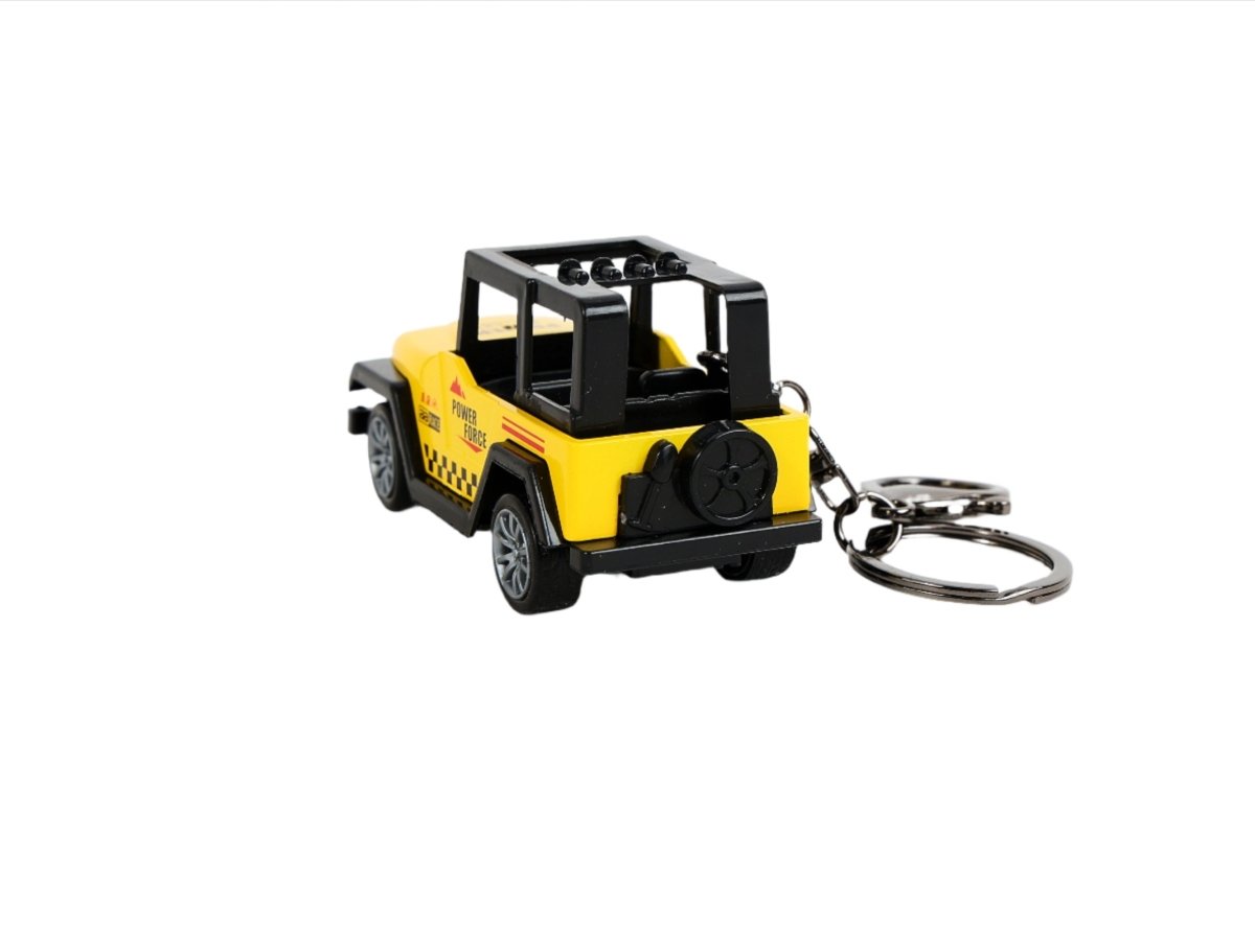 Mini Jeep keychain in yellow with key ring, side view with black accents and wheels.