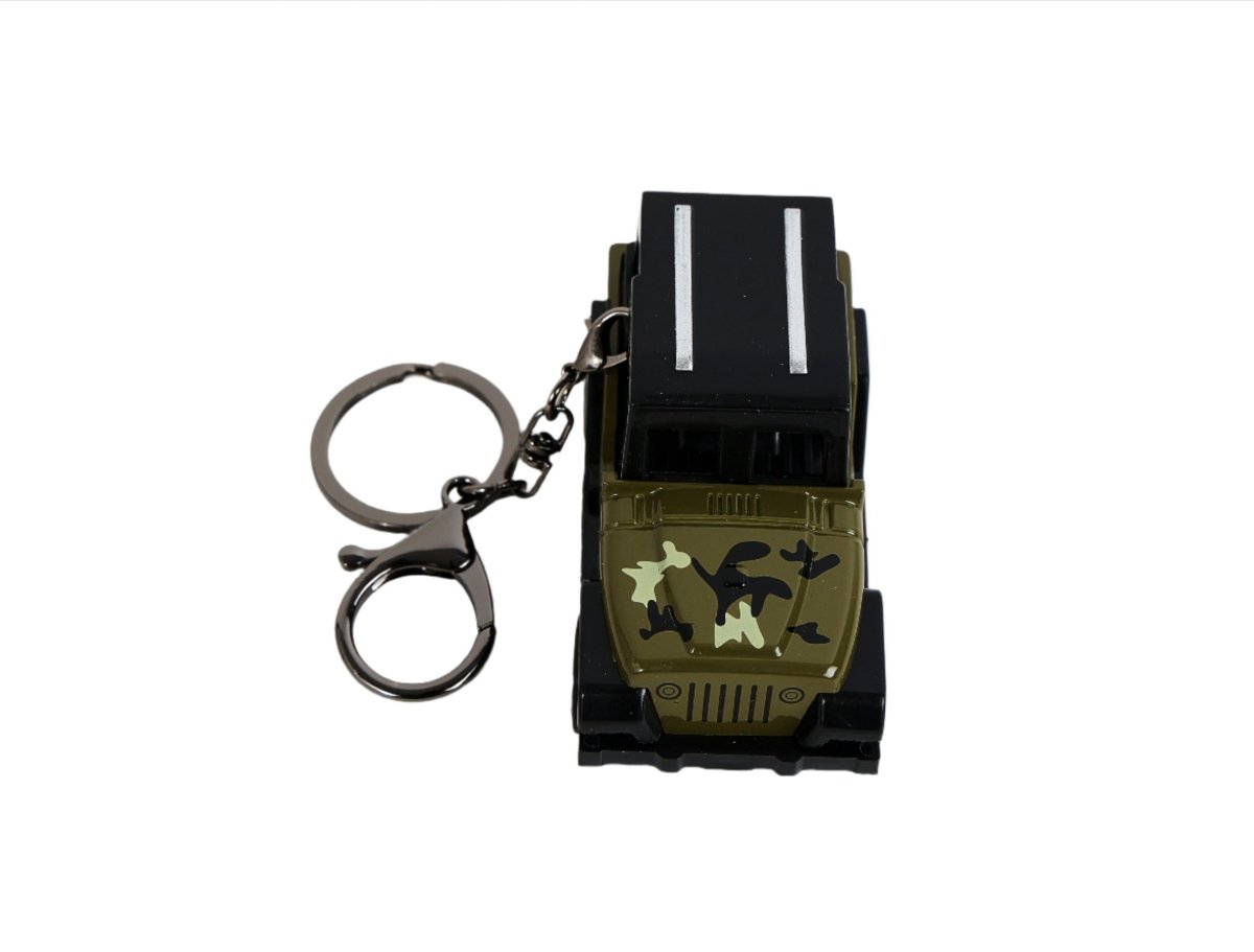 Mini jeep keychain with camo rear panel, keyring and two metal clips