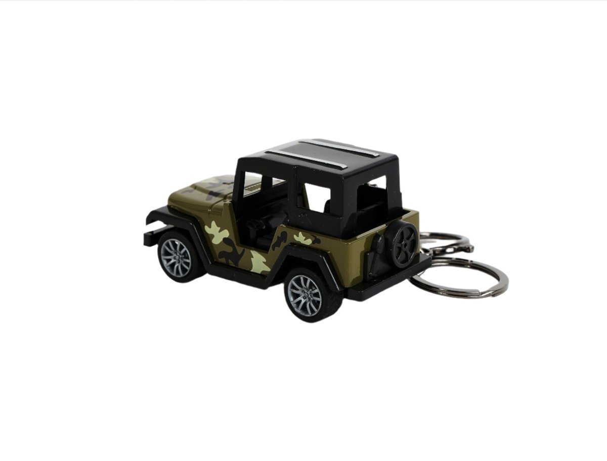 Mini jeep keychain with military camo body, black roof, and metal keyring
