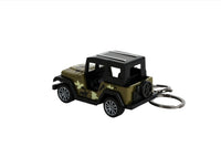 Mini jeep keychain with military camo body, black roof, and metal keyring