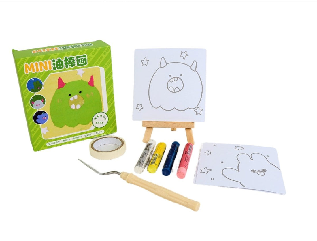 Mini oil stick painting kit with easel, two blank boards, and blue, red, yellow oil sticks