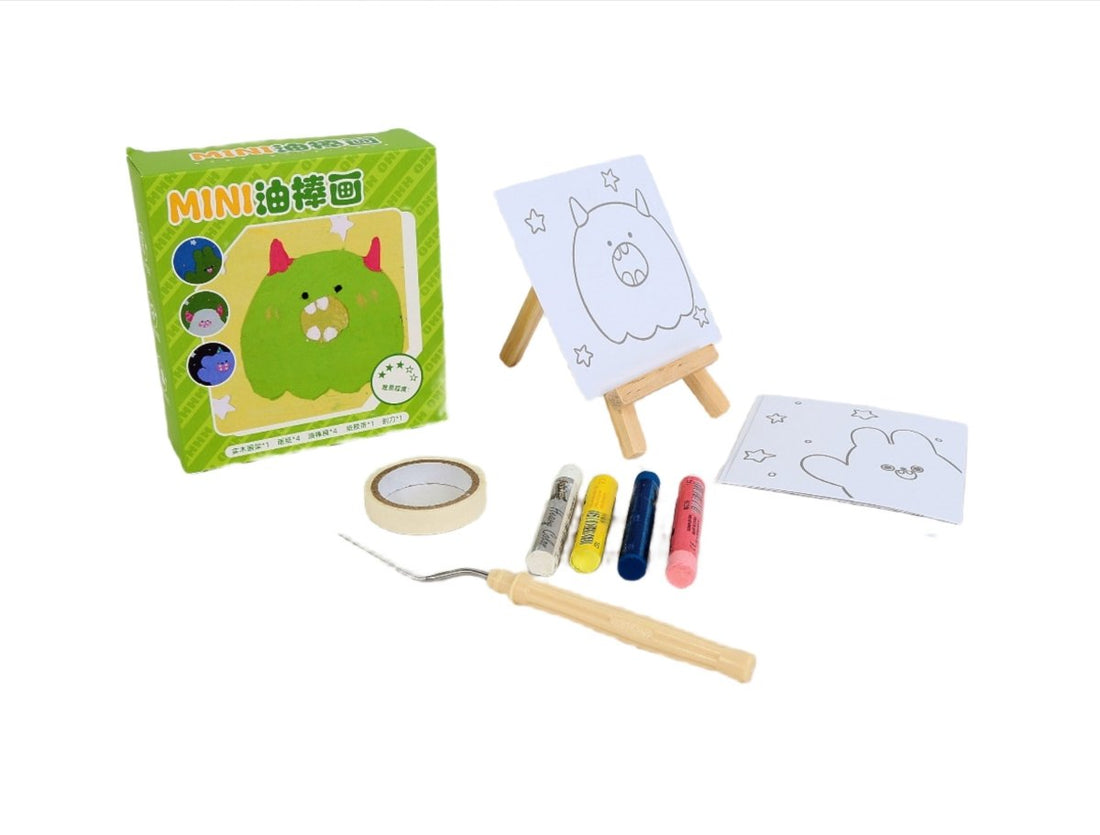Mini oil stick painting kit with green character board, easel, and colored oil sticks