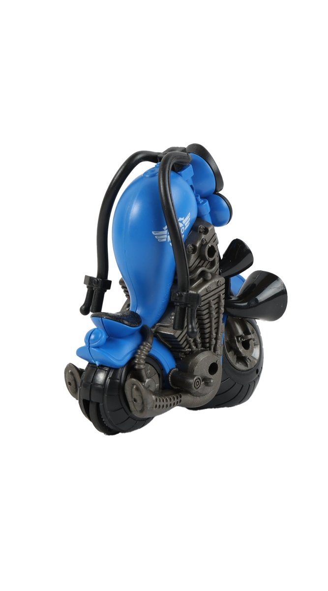 Blue mini motorcycle toy with handlebars, side fins, and detailed engine