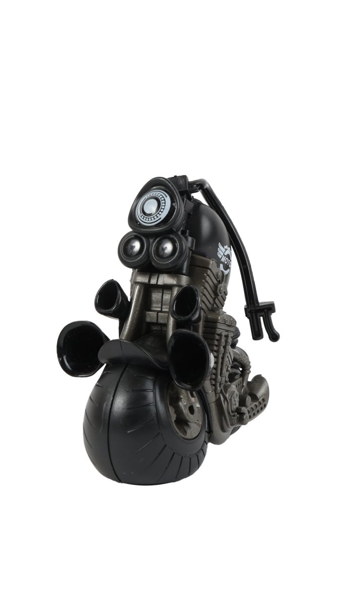 Black mini motorcycle toy with front windscreen, side pods, and chunky tires