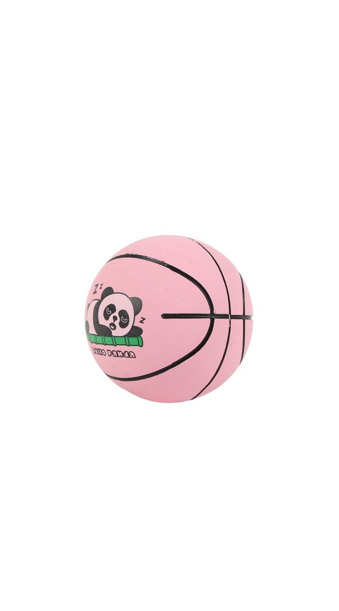 Mini pink basketball with panda graphic and black curved basketball seam lines