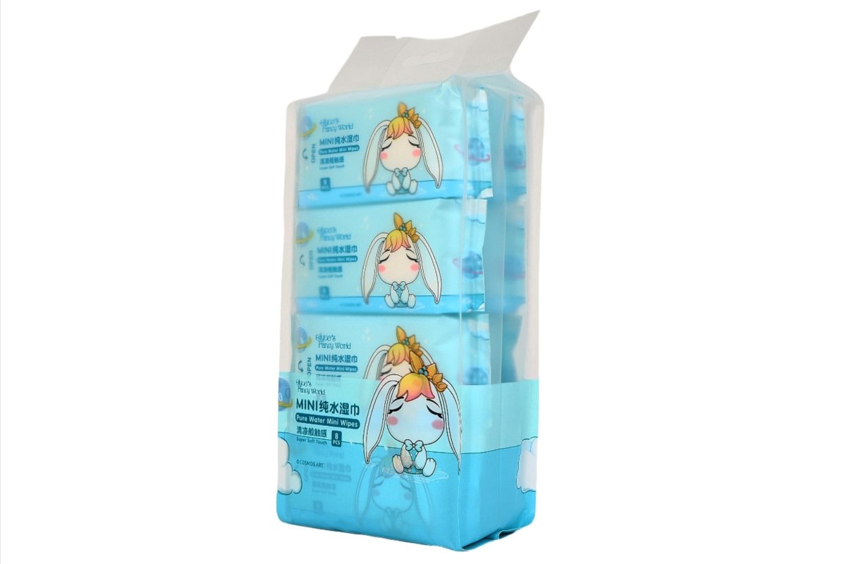 Mini pure water wipes multipack in blue package with penguin cartoon and wipe text