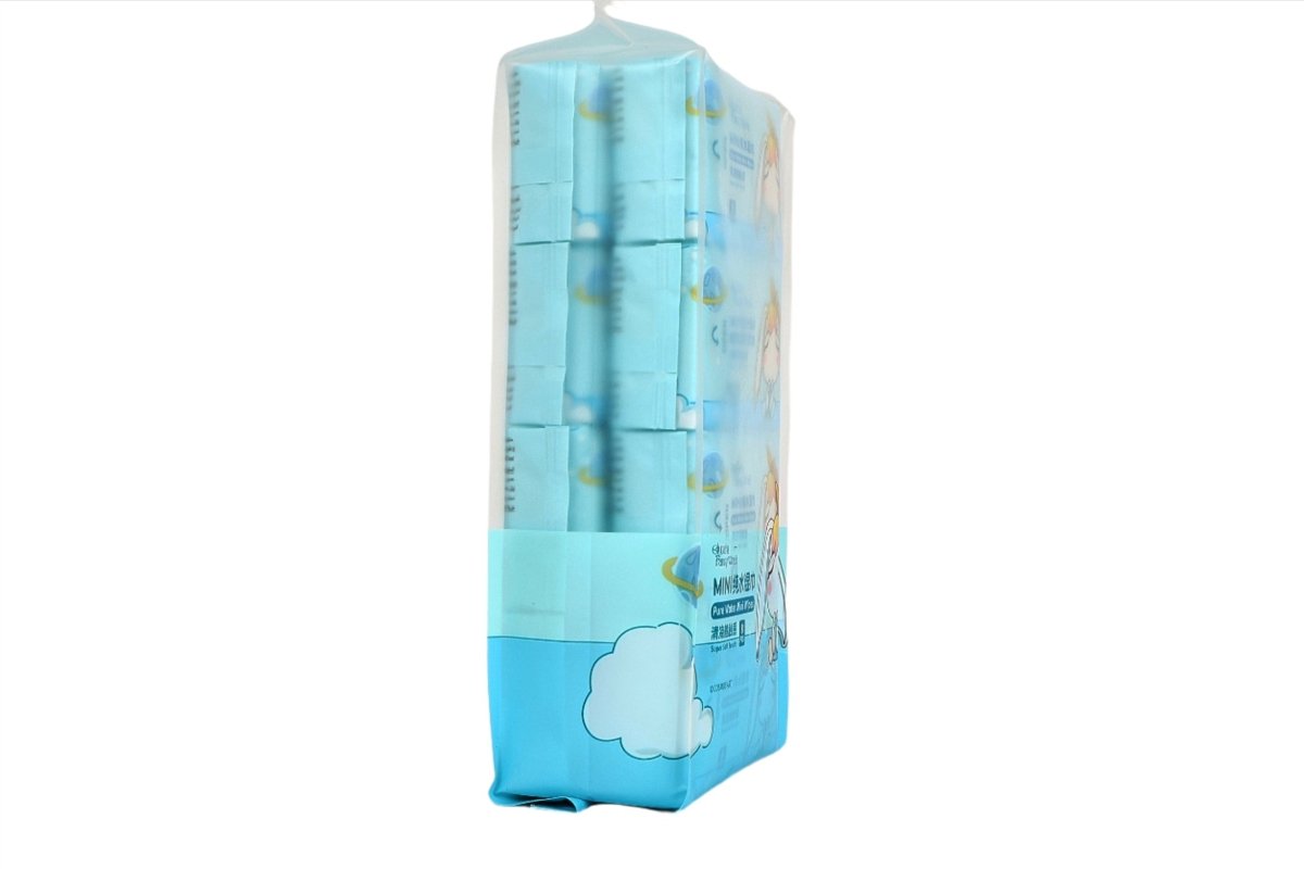 Mini pure water wipes multipack side panel with blue penguin icons and wipe layout