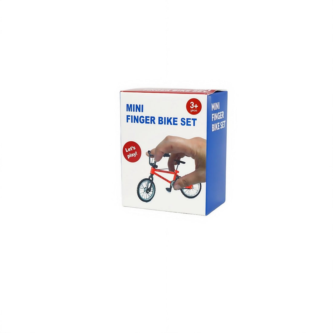 Mini finger bike set box with red and blue design and small red bike picture