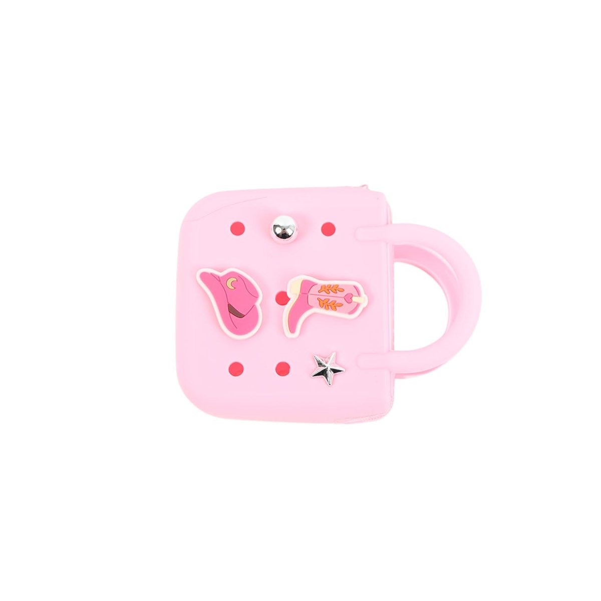 Pink mini silicone handbag with side handle opening, charm patches and silver studs