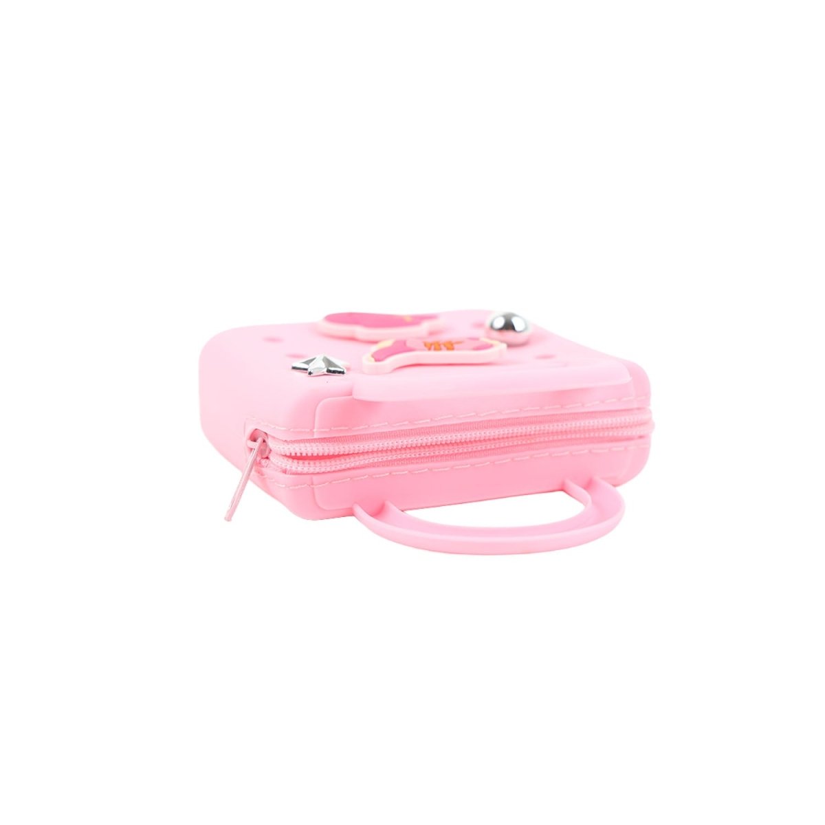 Pink mini silicone zip pouch handbag with front zipper and charm decorations