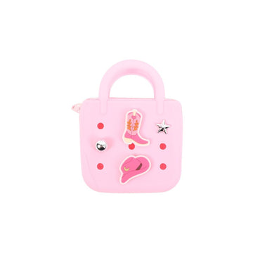 Pink mini silicone handbag with handle, front charms and star patch detail
