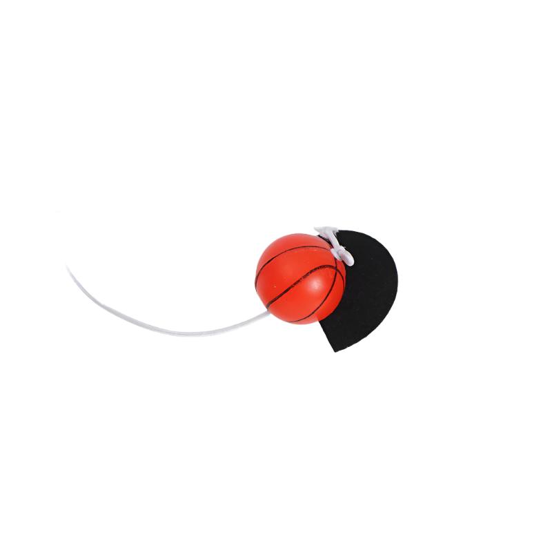 Mini basketball hoop toy with red ball and white cord launcher