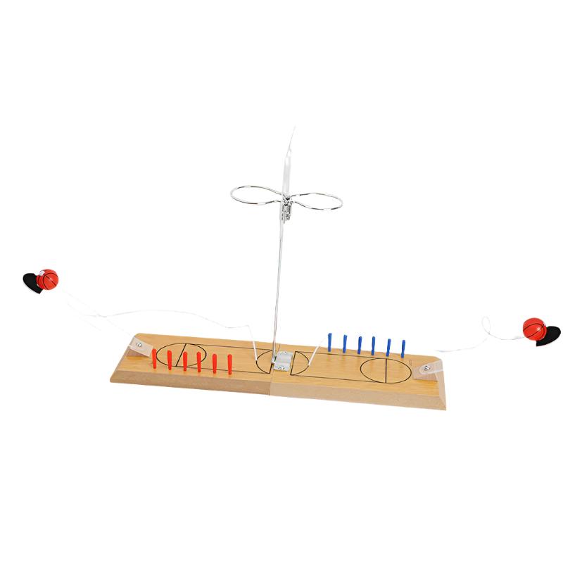Tabletop basketball game board with red hoops, net, and fan launcher