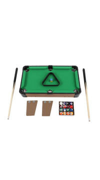 Tabletop pool table with green felt, triangle rack, and wood cue pieces