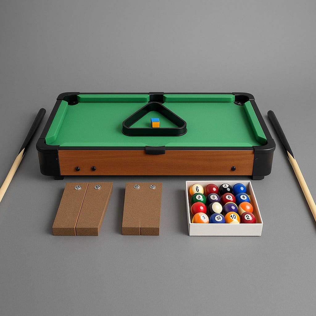 Tabletop pool table game set with green felt, wooden rails, cue sticks, ball rack