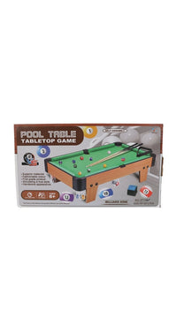 Mini pool table tabletop game box with green felt and ball diagram