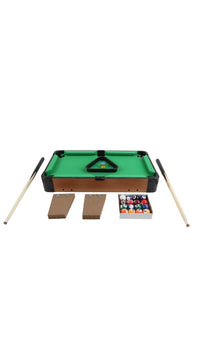 Tabletop pool table with green felt, two cue sticks, and ball set tray