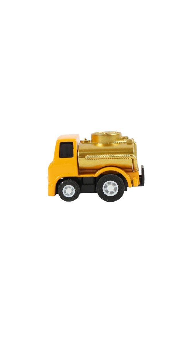 Mini toy dump truck, yellow-orange cab with gold engine details and white wheels