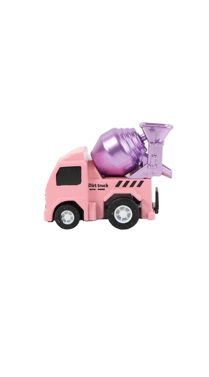 Mini toy truck, pink cab with purple concrete-mixer drum and black windows