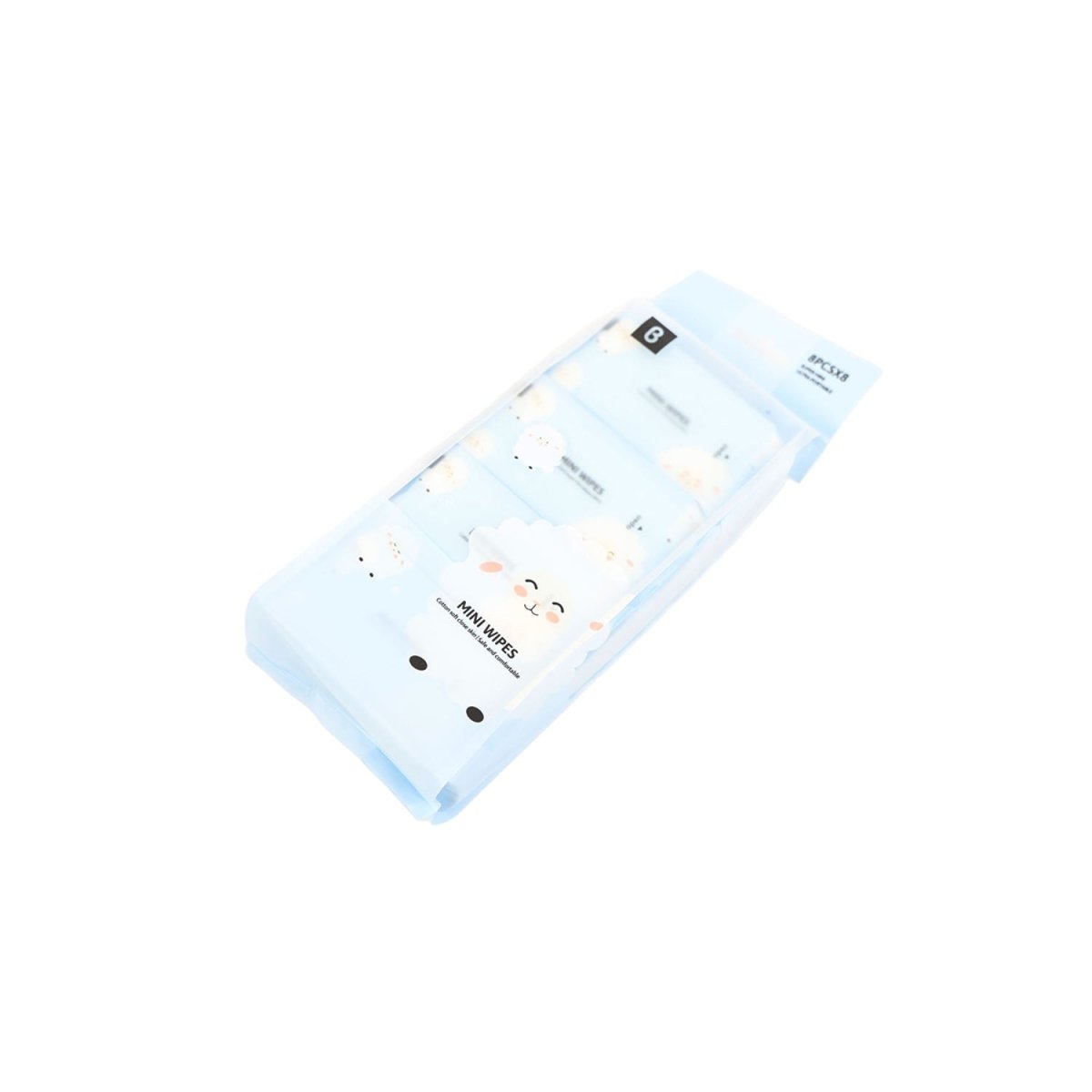 Mini wipes pack, angled light blue wrapper with cute bear and cloud print