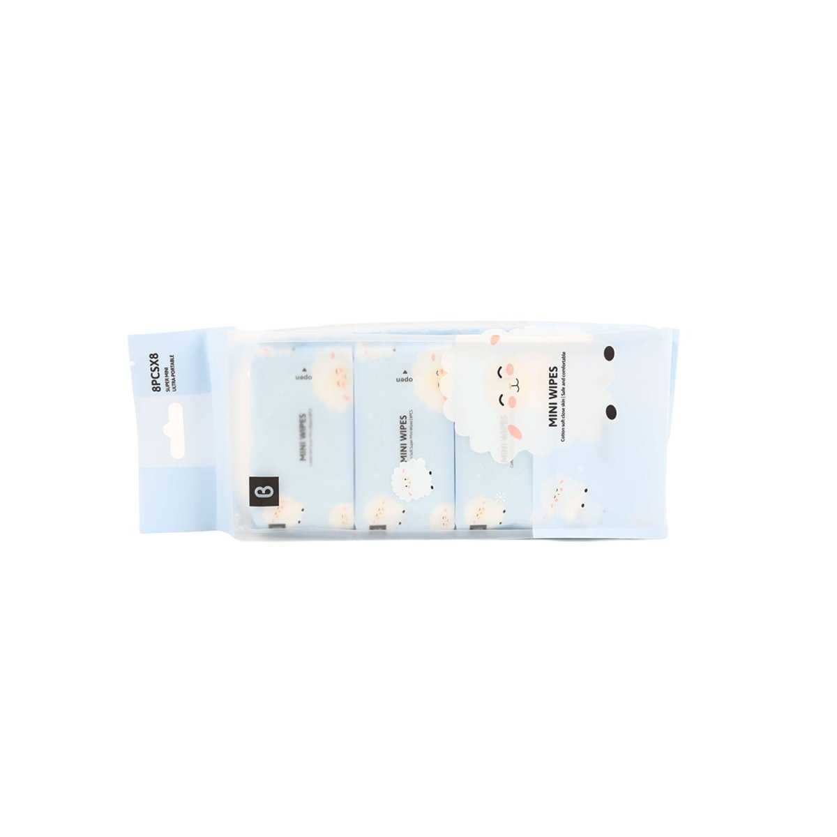 Mini wipes pack, light blue pouch laid flat with cute bear-and-cloud pattern