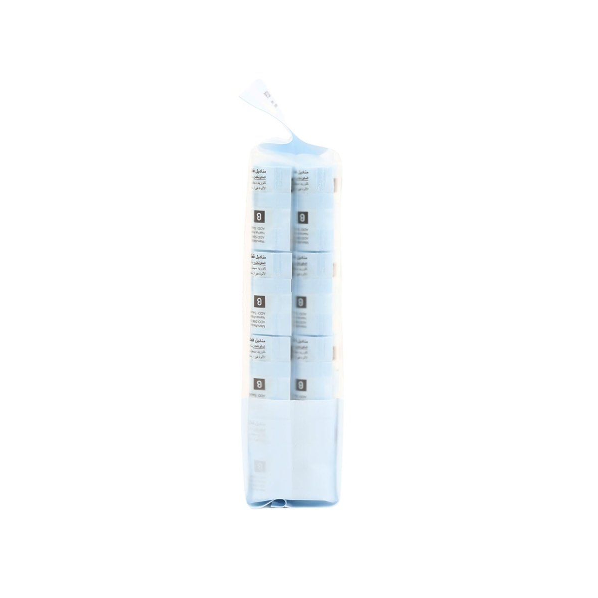 Mini wipes pack, light blue pouch with vertical info panels on the back