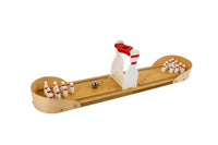 Mini wooden bowling game set with lane, pins, and small ball