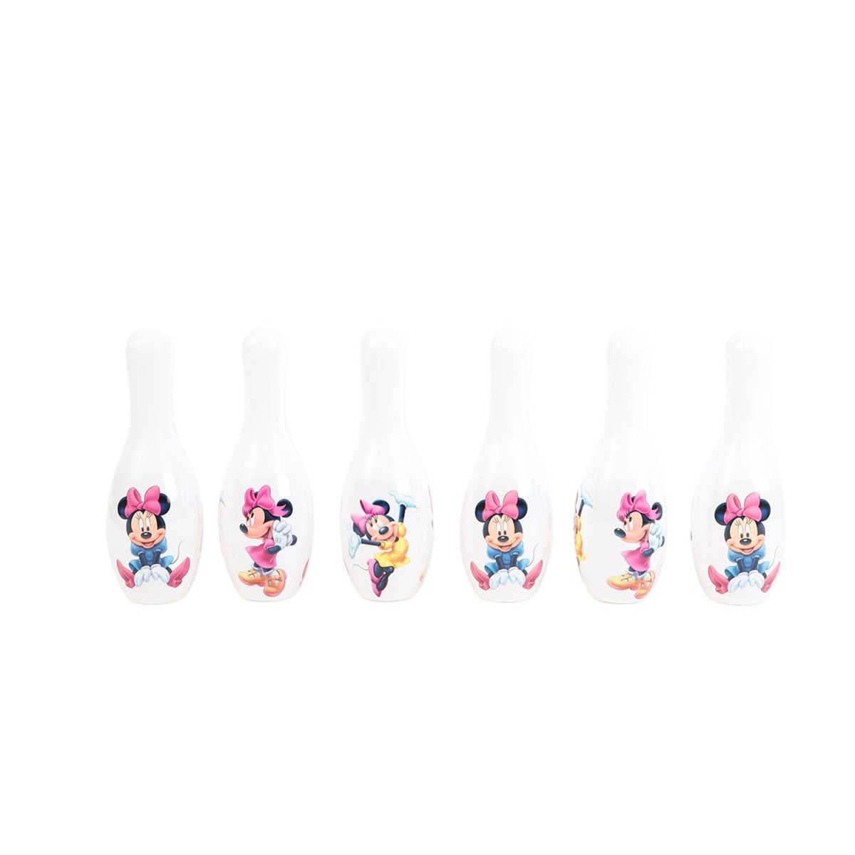 Set of six white bowling pins with Minnie Mouse graphics and pink bows