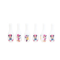 Set of six white bowling pins with Minnie Mouse graphics and pink bows
