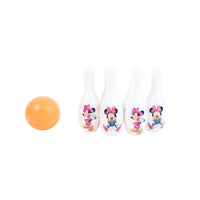 Orange bowling ball with three white Minnie Mouse pins and pink bows
