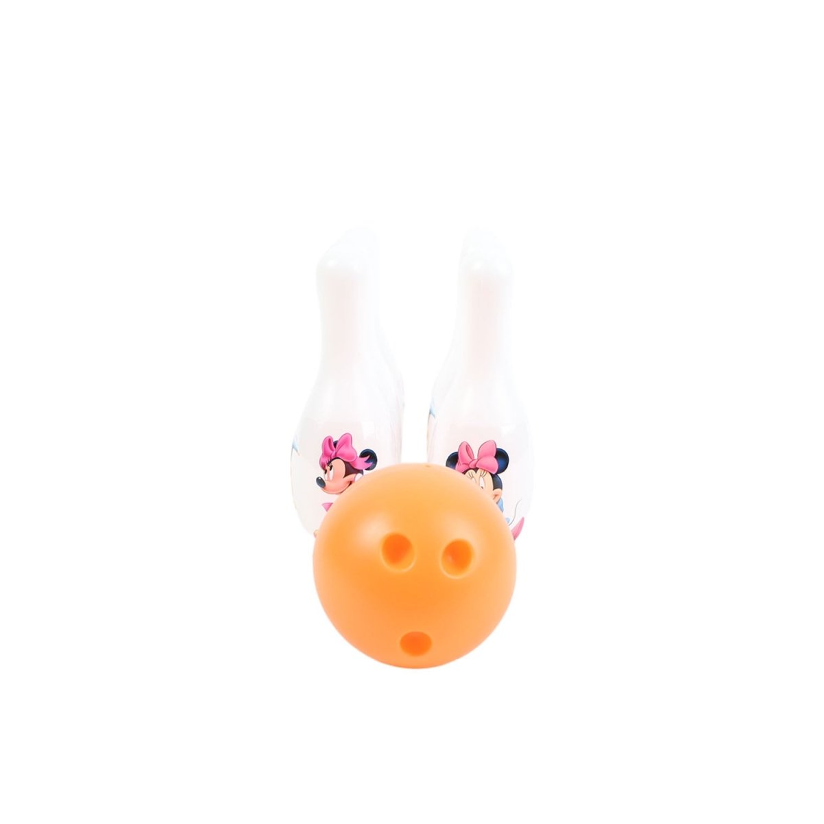 Orange bowling ball with three white Minnie pins behind, pink bows