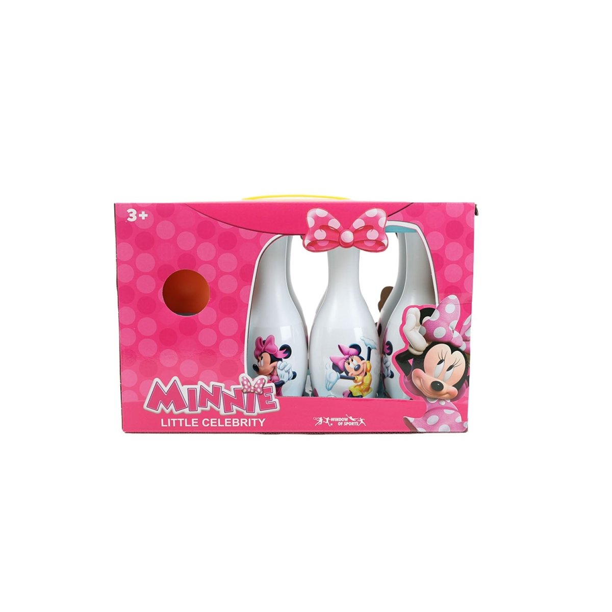 Bowling set gift box with Minnie Little Celebrity logo and three white pins inside