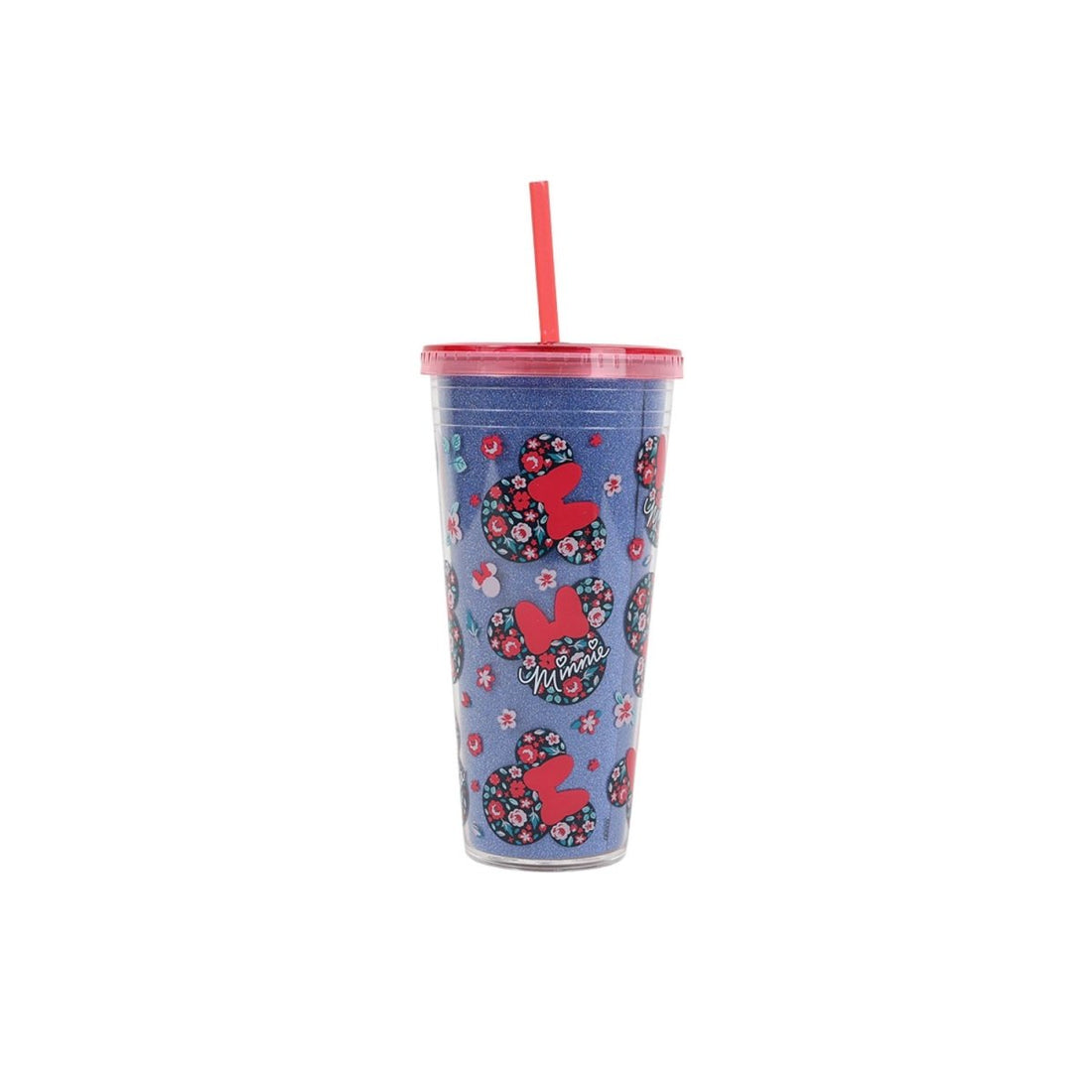Minnie Mouse floral glitter tumbler with red straw, blue patterned sides, 685ml.