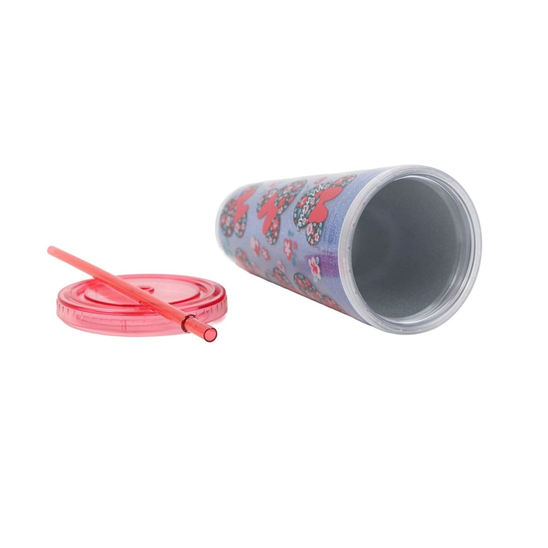 Minnie Mouse floral glitter tumbler with red straw; blue printed finish.