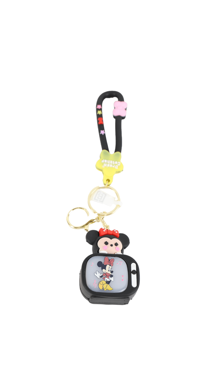 Cartoon character keychain with black mini bag, star charm and dangling keyring