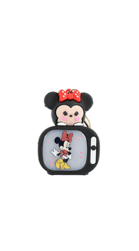 Cartoon character keychain with black bag charm, red bow and cartoon face