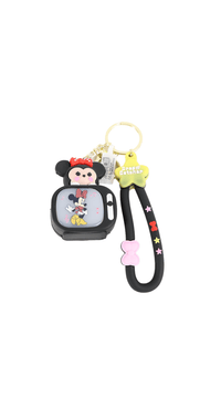 Cartoon character keychain with black strap, star charm, pink pom and keyring