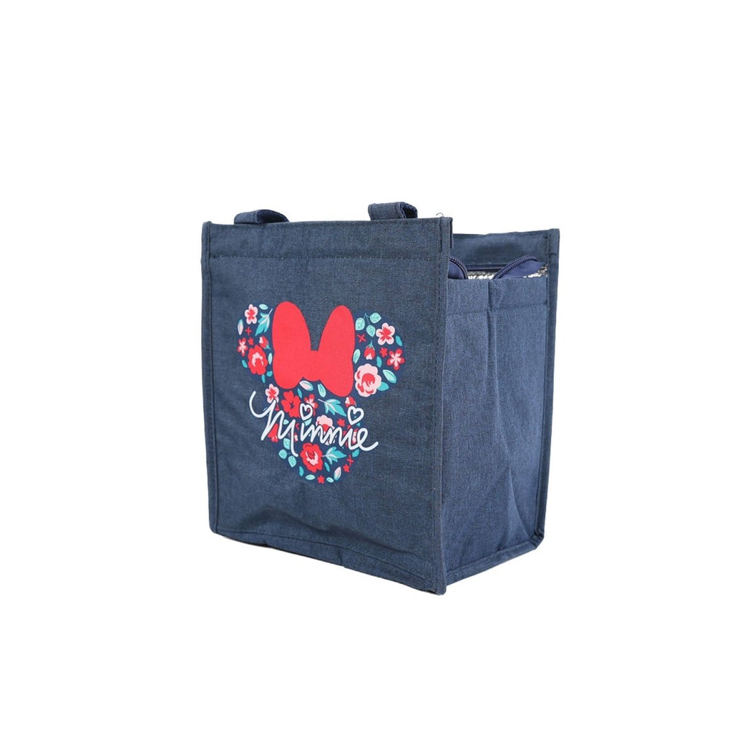 Insulated lunch bag with Minnie Mouse floral garden graphic, dark navy, side view