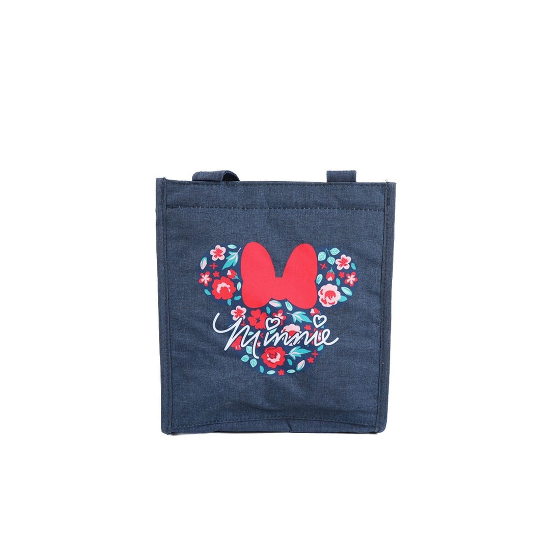 Insulated lunch bag with Minnie Mouse floral garden graphic, dark navy front, top handle