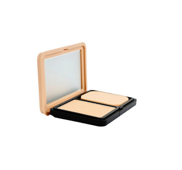 Compact powder case with open mirror and two beige powder pans