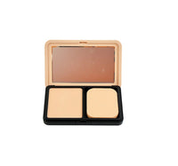 Compact powder with open lid showing two beige shades and a mirror cover