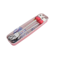 Portable tableware set in pink case with fun animal fork and spoon