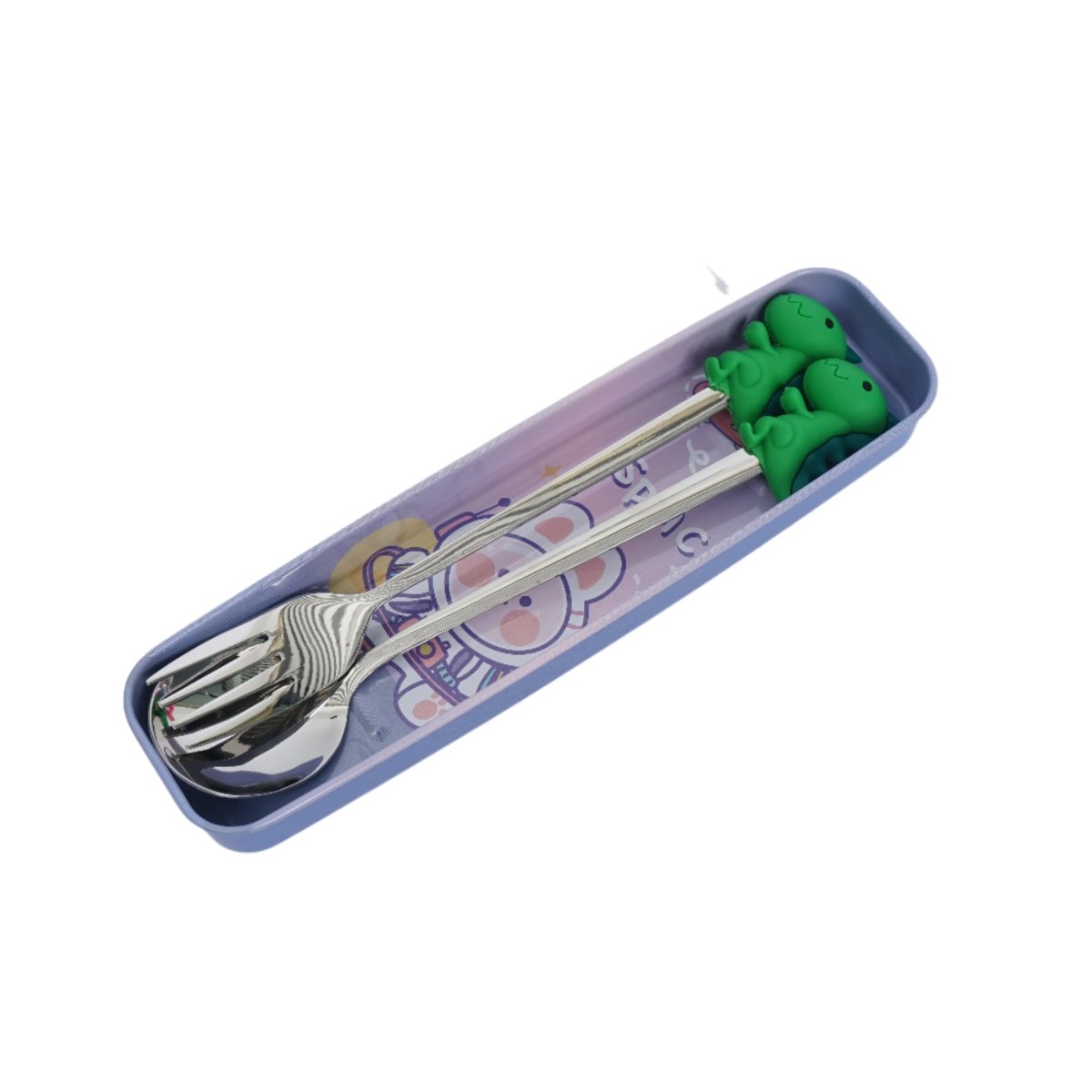Portable tableware set in blue case with green animal fork and spoon