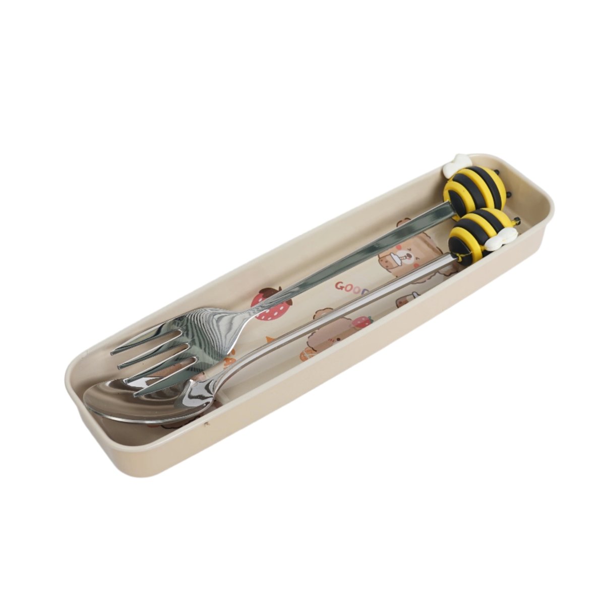 Portable tableware set in beige case with animal-print fork and spoon