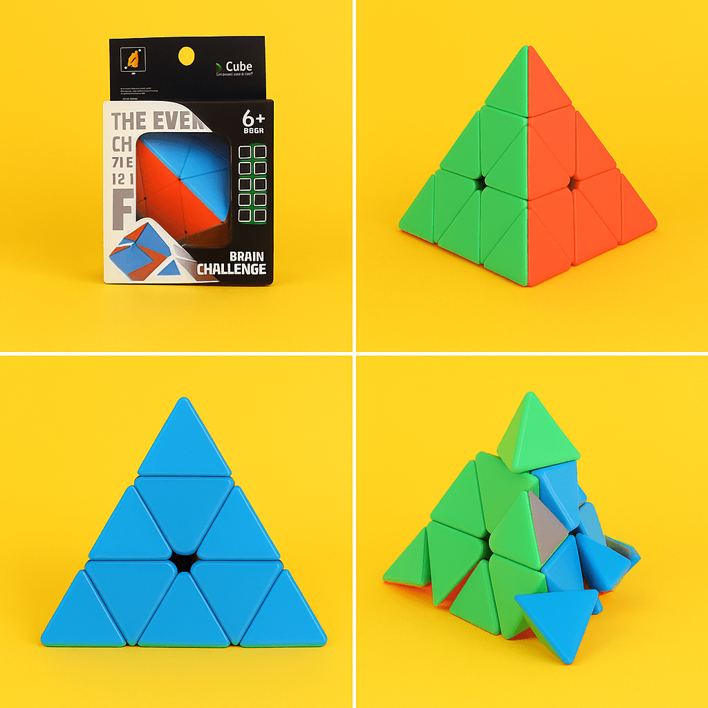 Boxed pyramid puzzle cube with multicolor pieces and “Brain Challenge” panel