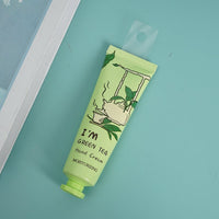 Light green hand cream tube with botanical green tea label