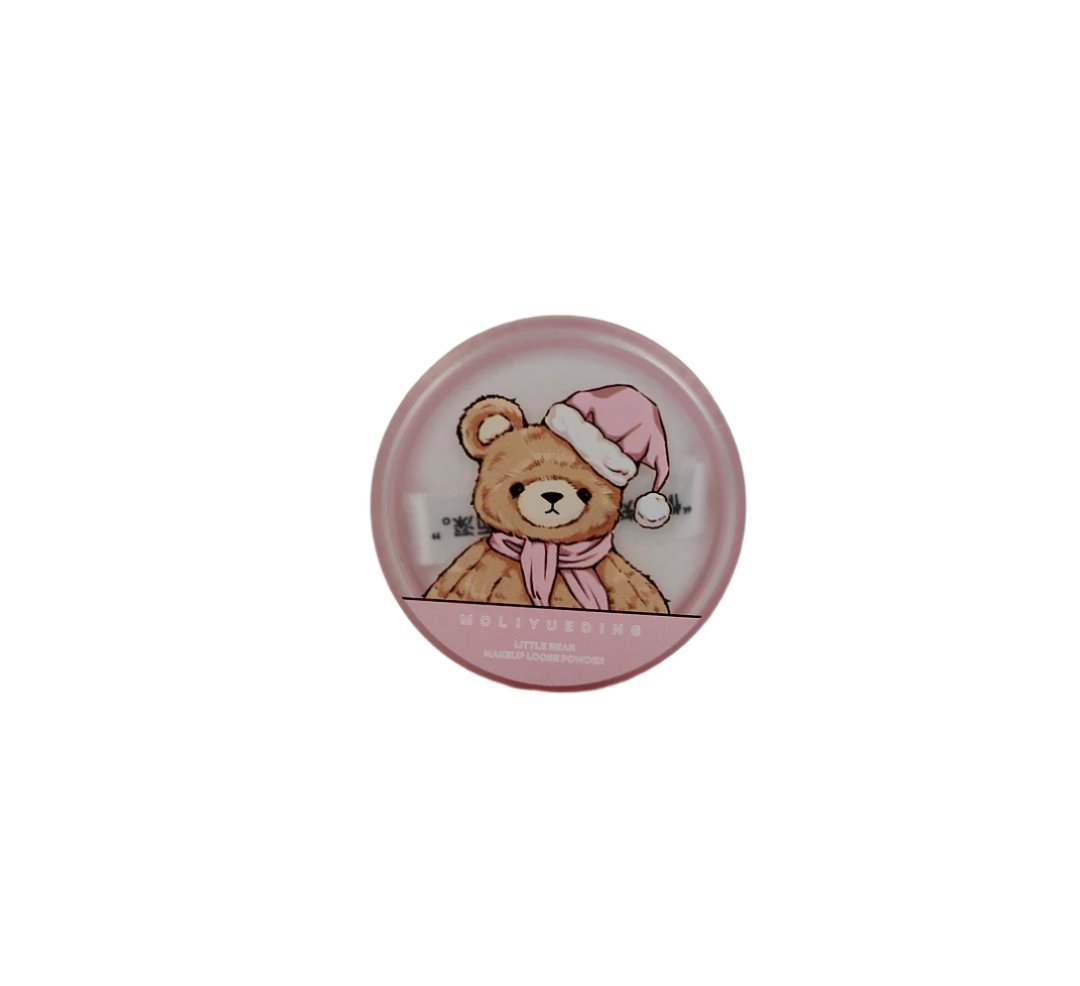 Round makeup loose powder compact with bear illustration on lid