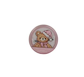 Round makeup loose powder compact with bear illustration on lid