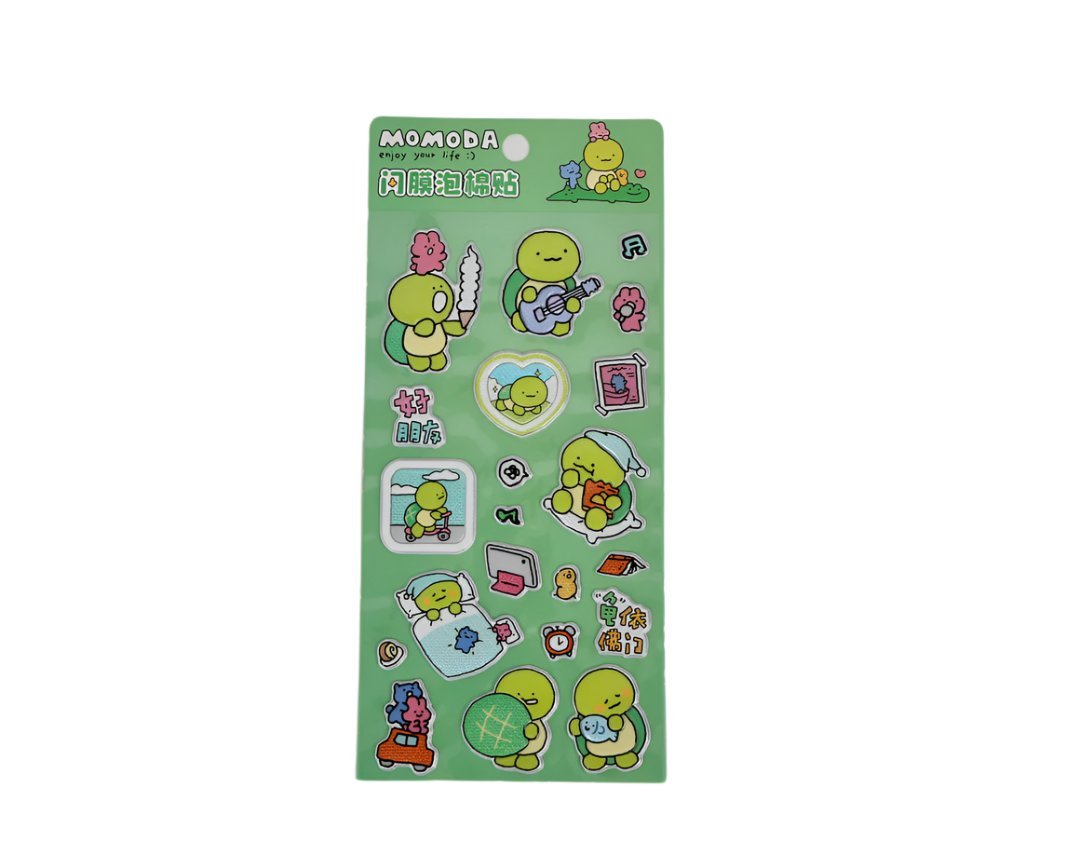 Green sheet of cartoon turtle foam stickers with various small character icons