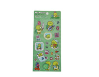 Green sheet of cartoon turtle foam stickers with various small character icons